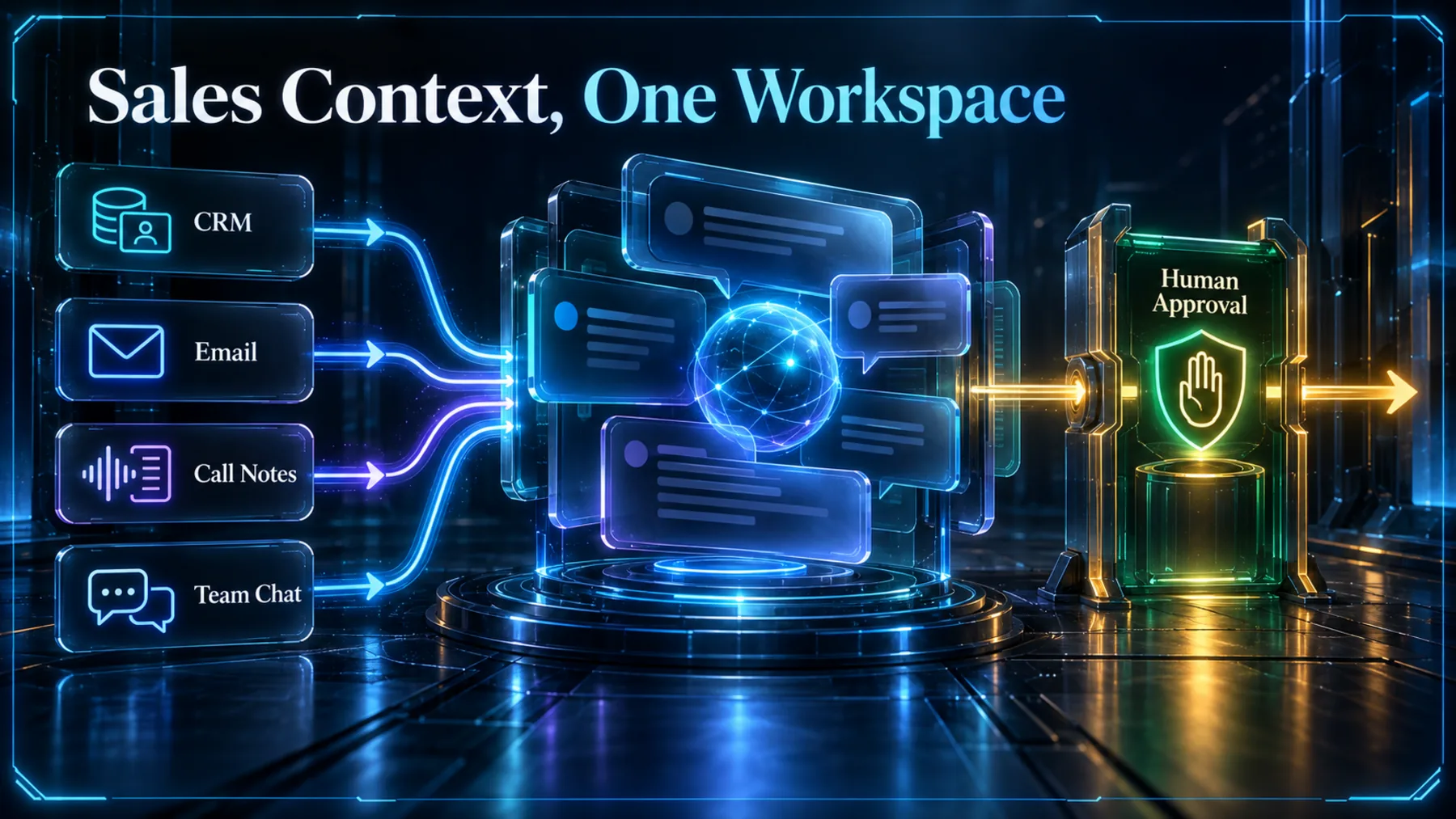 Sales context converges into one conversational workspace with a human approval checkpoint.