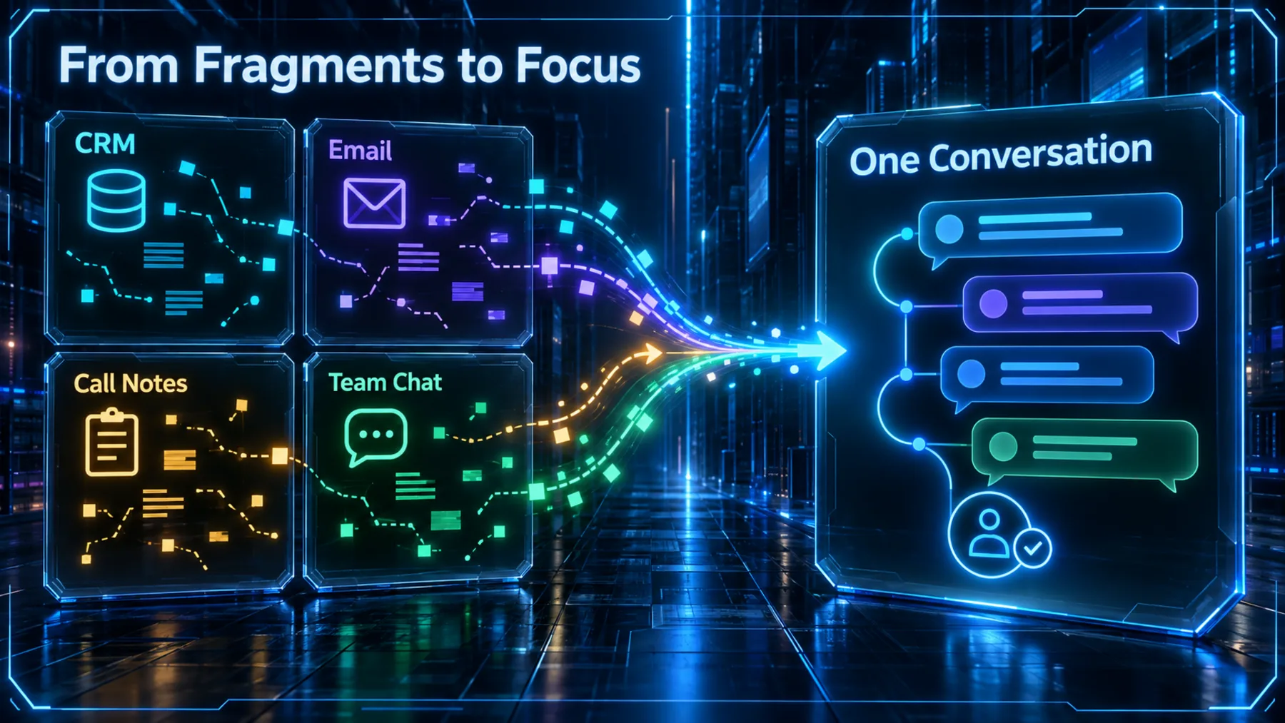 Split-screen infographic showing fragmented sales tools converging into one conversational workspace.