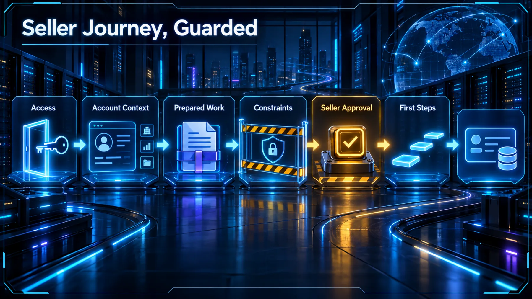 Guarded seller journey from access and account context through approval to first steps.