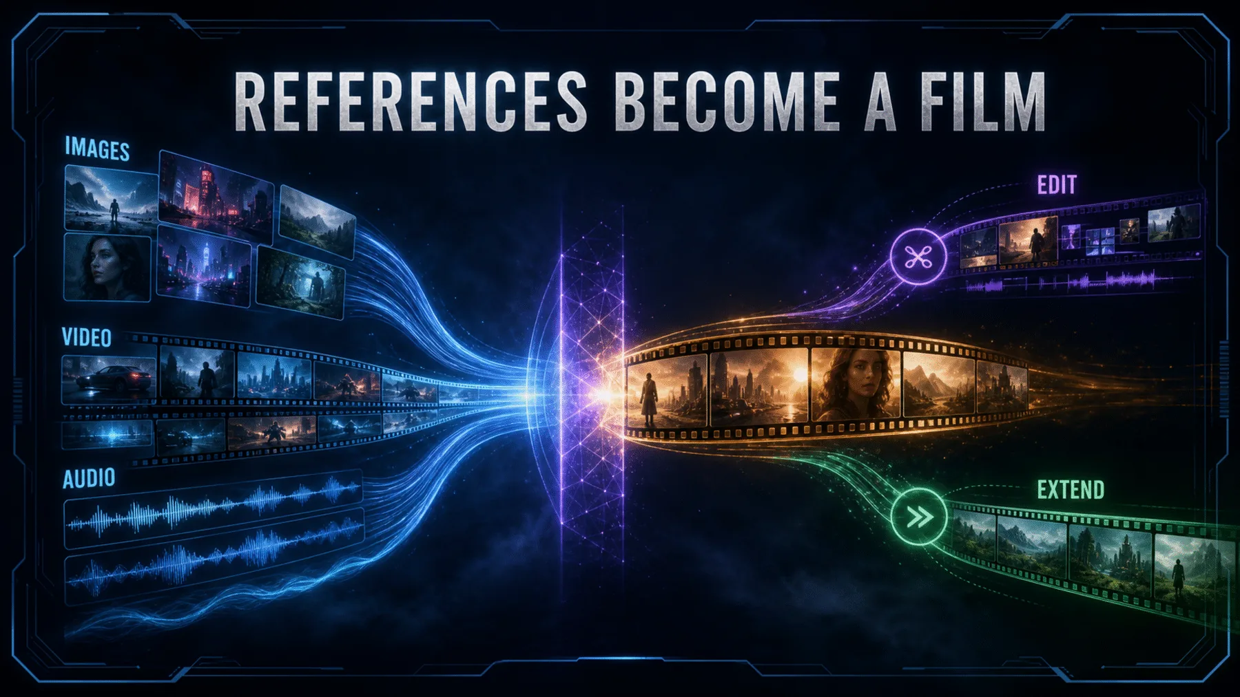 Image cards, video strips and audio waveforms converge into a film sequence with edit and extension paths.