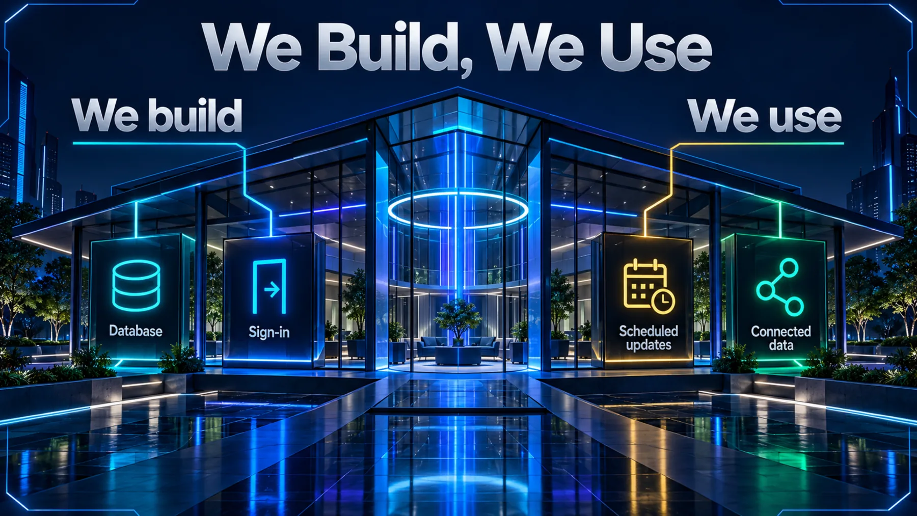 Two halves distinguish building a Sites team app with a database and sign-in from using scheduled updates and connected data.