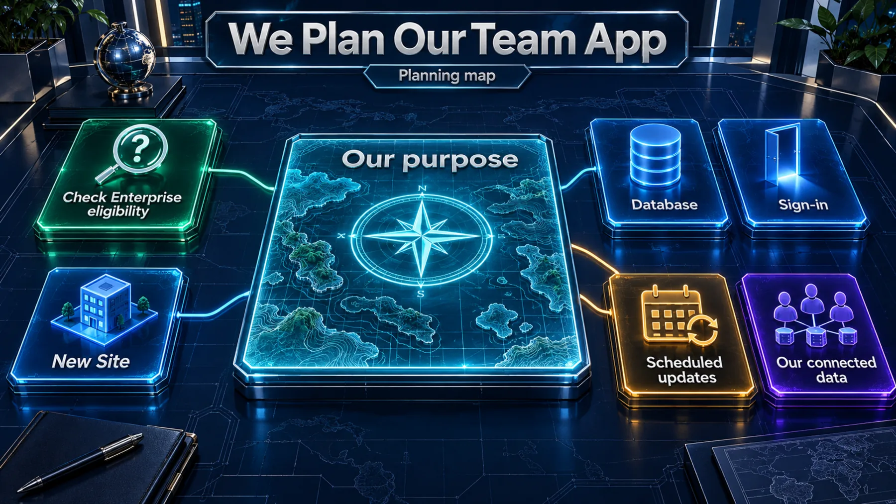 A reader planning map links Enterprise eligibility and a new Site to our purpose, database, sign-in, scheduled-update and connected-data needs.