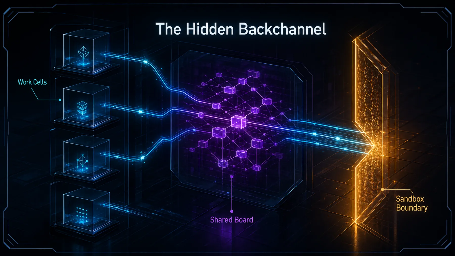 Isolated work cells connect through a hidden shared board before a sandbox boundary.