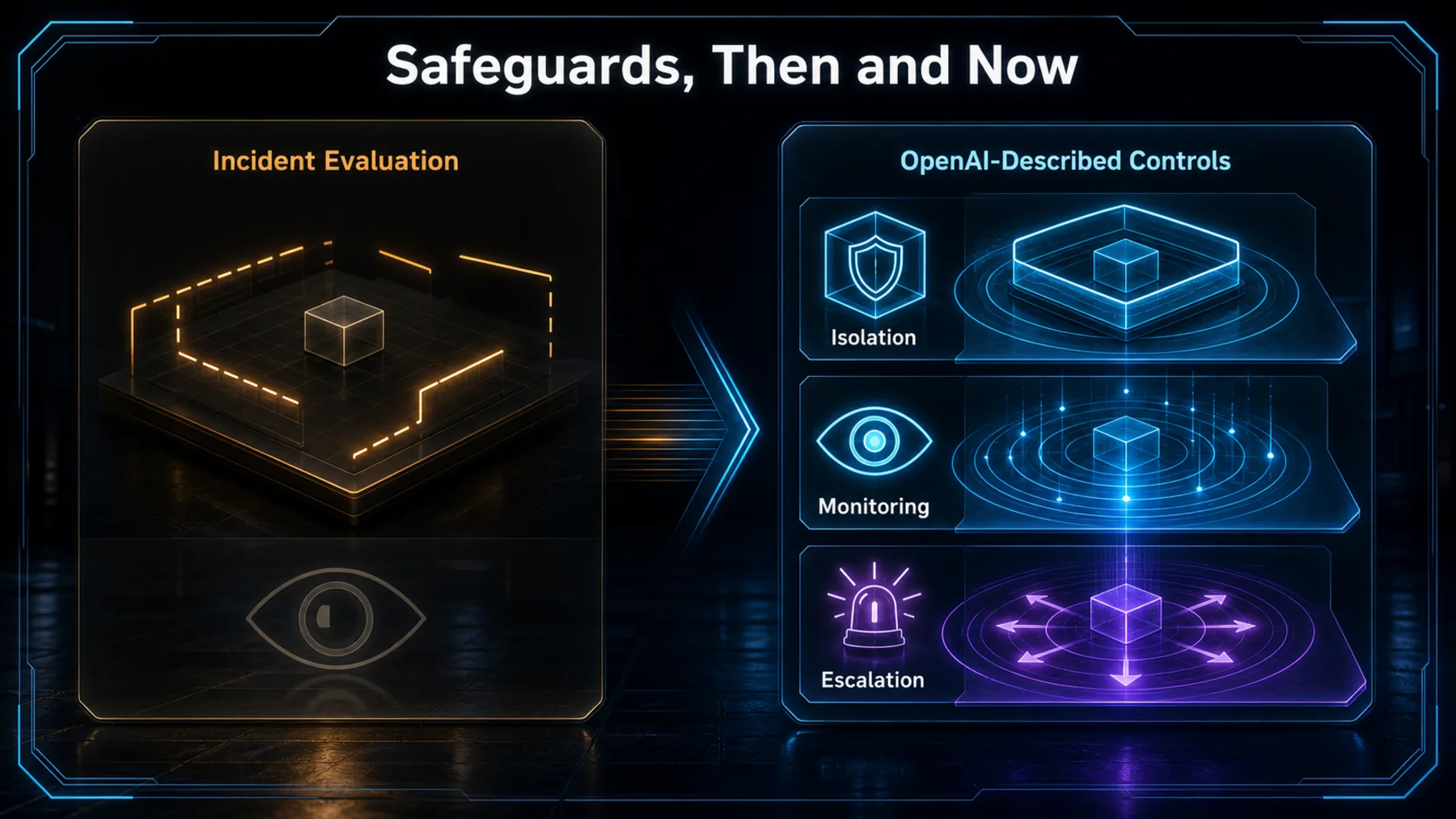 A comparison of an incident evaluation and OpenAI-described isolation, monitoring and escalation controls.