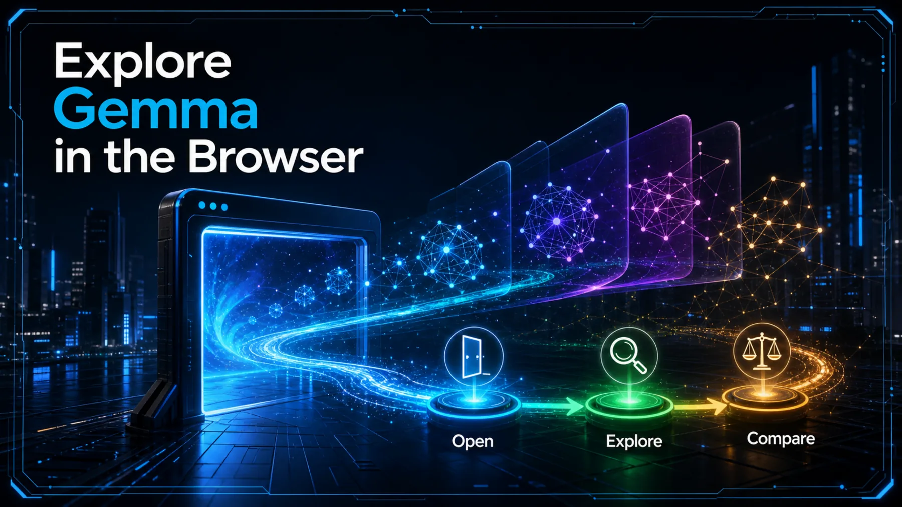 A cinematic browser-shaped portal opens into a luminous Gemma exploration journey with Open, Explore and Compare stages.