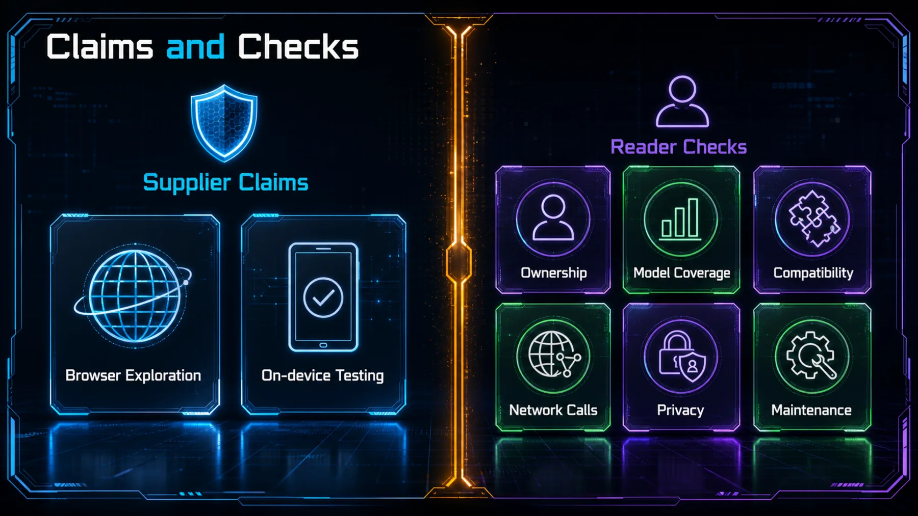 A split neon infographic separating supplier claims about browser exploration and on-device testing from six reader verification checks.