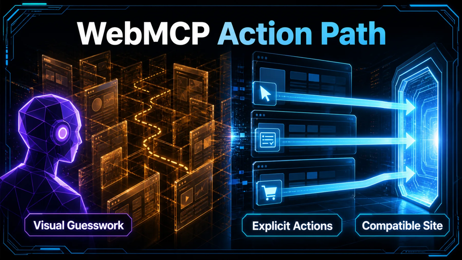 An agent moves from visual guesswork through a compatible-site gateway toward explicit actions.