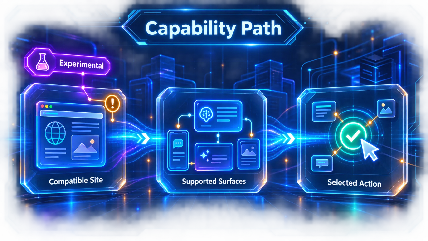 Capability path showing experimental, compatible-site and supported-surface conditions.