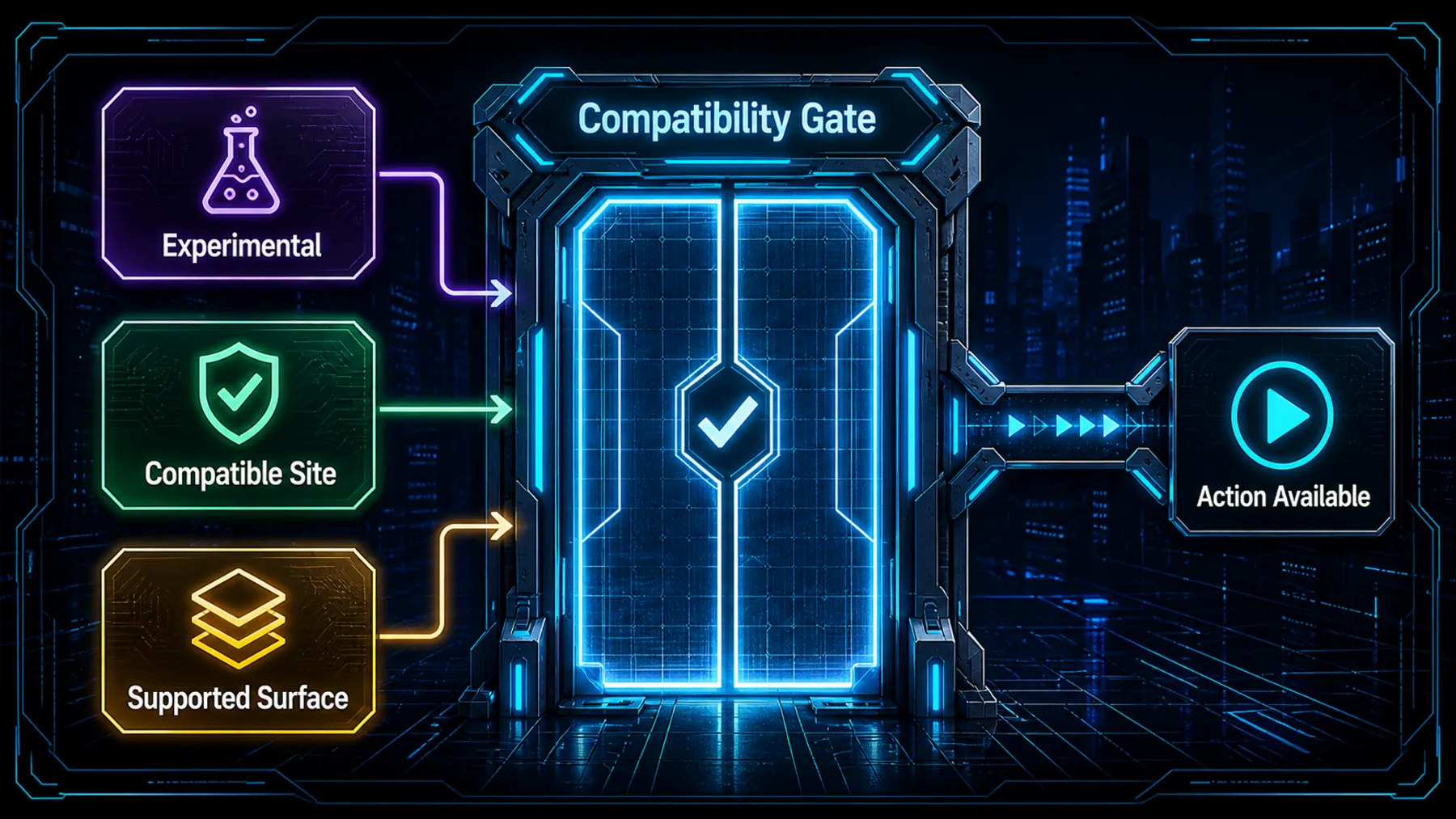 Compatibility gate showing experimental, site and surface conditions before an action becomes available.