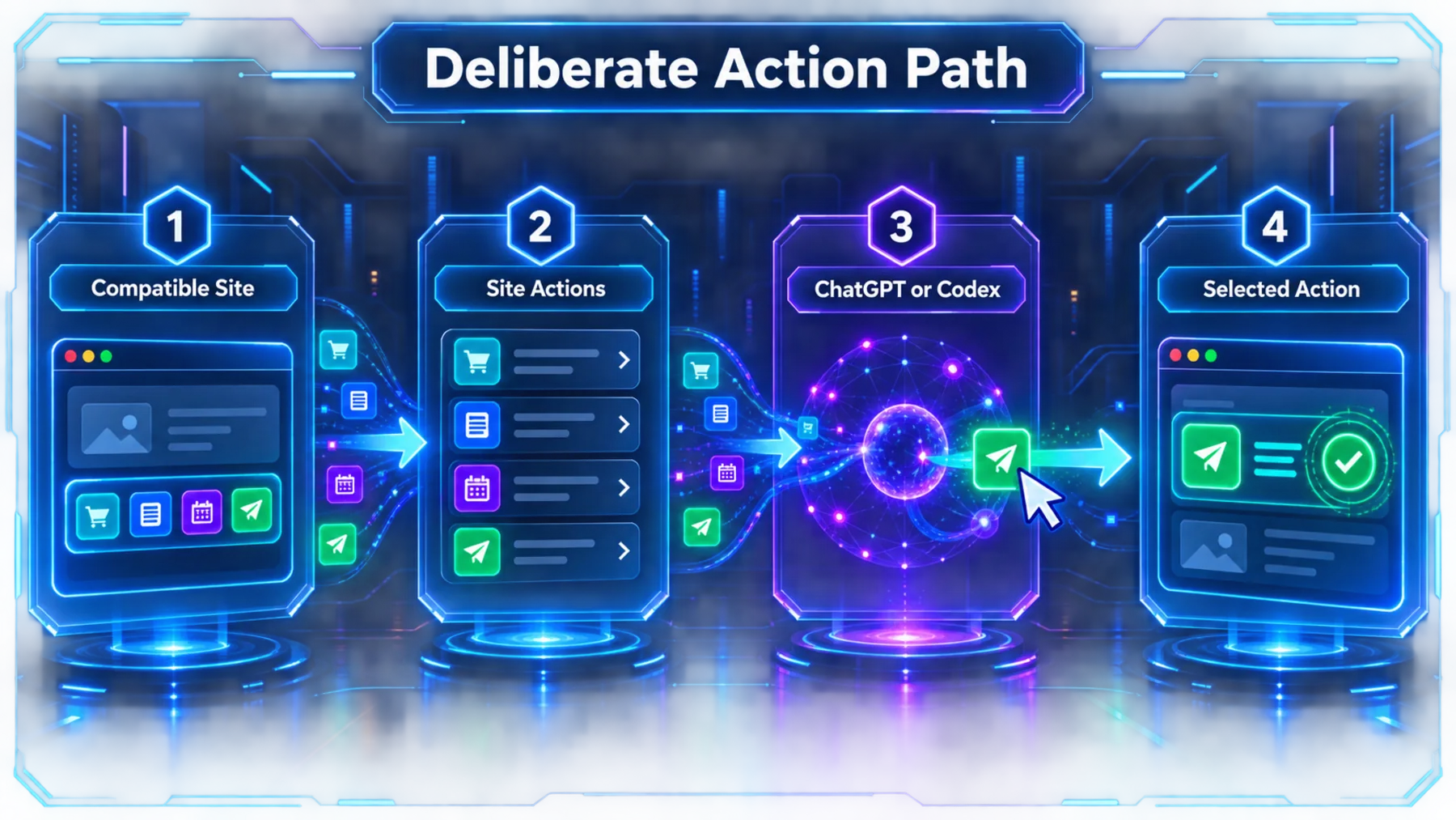 Four-stage WebMCP action flow from compatible site to selected action.