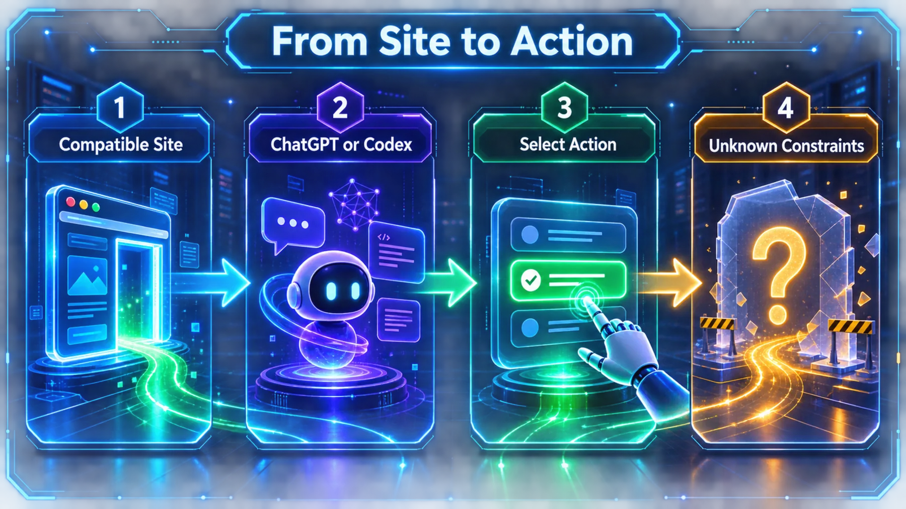 WebMCP journey from a compatible site through an AI surface to a selected action, with unknown constraints marked.