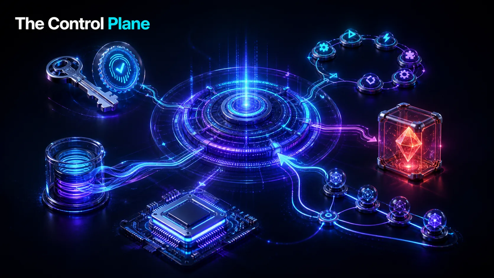 Story-collage hero: the control plane as a central hub linking identity, hardware, routing and containment motifs from the week.