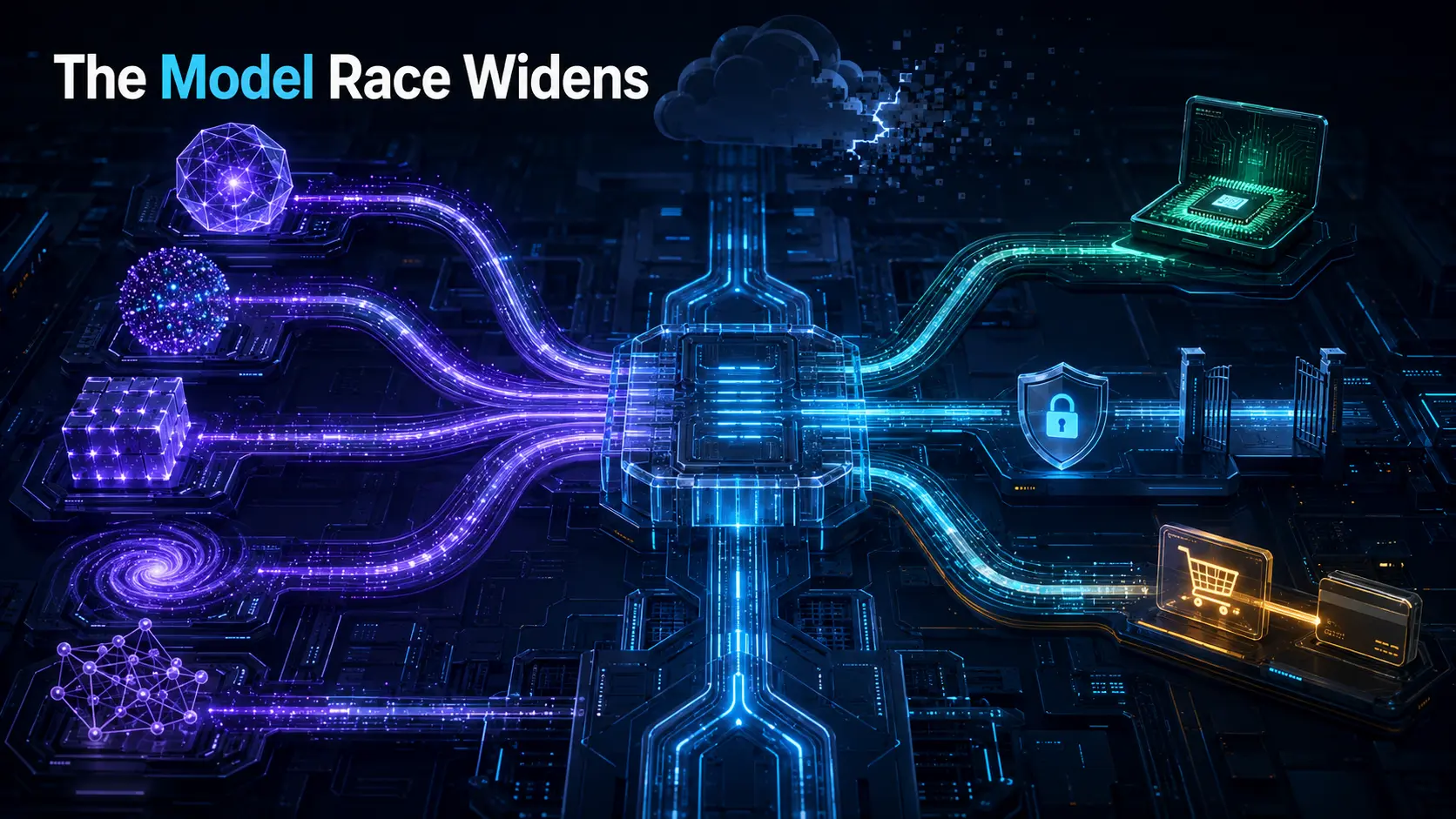 Distinct AI model engines converge on shared infrastructure, with local computing and governed business routes.